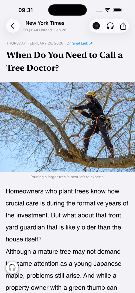 Reading a New York Times article within the ONews news aggregator app