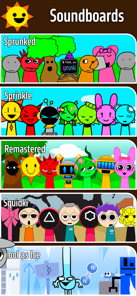 All Mods SP Guide - Tela do menu exibindo várias soundboards de mods Sprunki, incluindo versões Sprunked e Remastered.