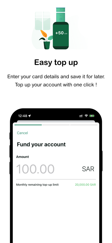 Hala mobile app screen showing the easy top up and fund your account feature