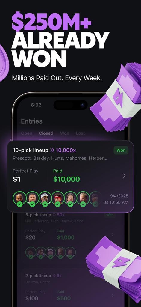 Betr Picks app interface displaying a ten-thousand times multiplier payout for a winning sports lineup.