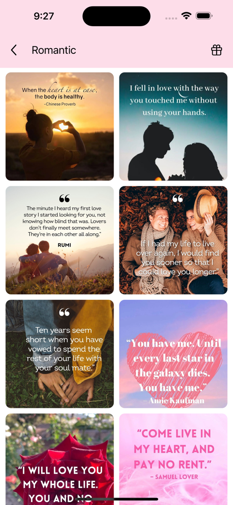 Best Romantic Love Quotes - A grid of romantic quotes with beautiful background images on a mobile app screen