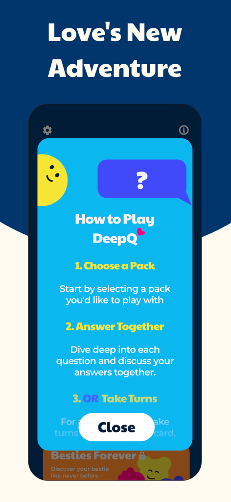 A mobile app tutorial screen for DeepQ explaining how to play the couple's question game by choosing a pack and answering together.
