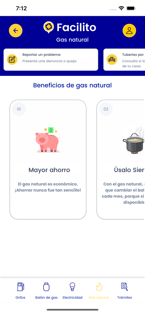 Interface of the Facilito app showing a section about natural gas benefits including cost savings with a piggy bank illustration.