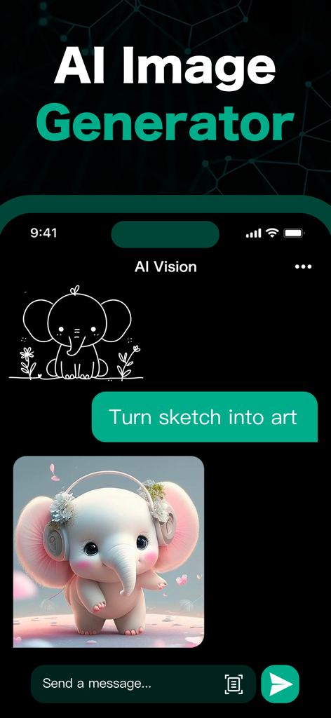 AI Chatbot : Ask AI Anything - Interfaz de la aplicación de chatbot de IA que demuestra la transformación de un simple boceto de elefante en una obra de arte digital de alta calidad