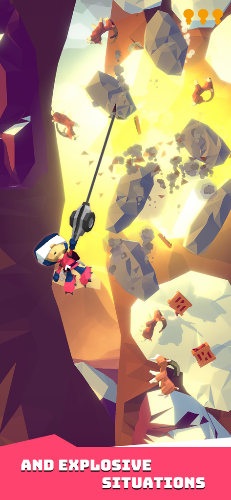 Hang Line: Mountain Climber - Hang Line Mountain Climber의 캐릭터가 폭발 중에 떨어지는 바위와 산양을 피해 갈고리에서 스윙하고 있습니다.