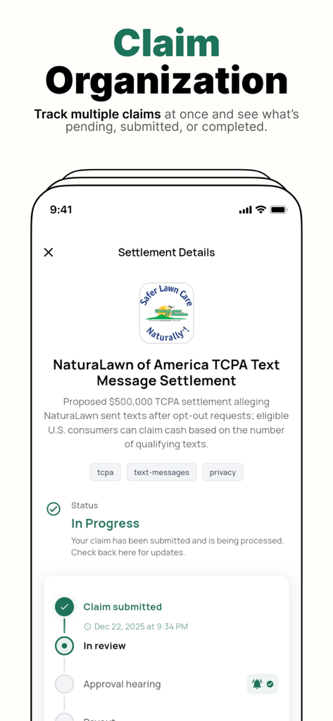 MoneyPilot: Class Action - Pantalla de la aplicación MoneyPilot que muestra los detalles de la liquidación y una línea de tiempo del progreso de una reclamación de demanda colectiva.