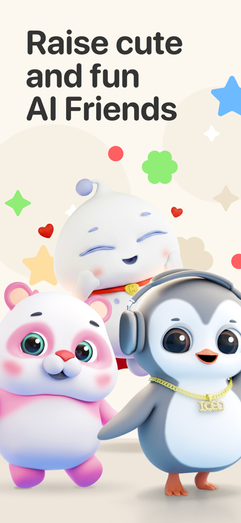 Friends – Raise AI Companions - Drei süße animierte KI-Begleiter aus der Friends-App, darunter ein rosa Panda, ein weißer Geist und ein Pinguin mit Kopfhörern