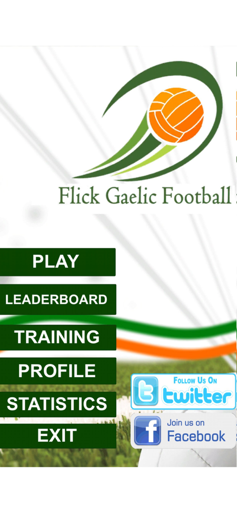 Main menu of the Flick Gaelic Football mobile game showing play leaderboard and training options