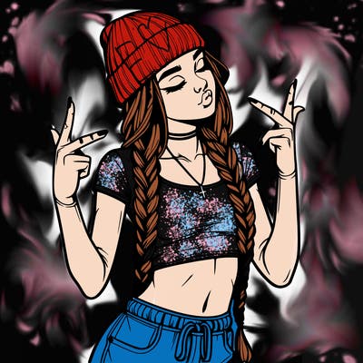 realistic teenage girl with braids and a beanie and crop top doing 🫶🏼
