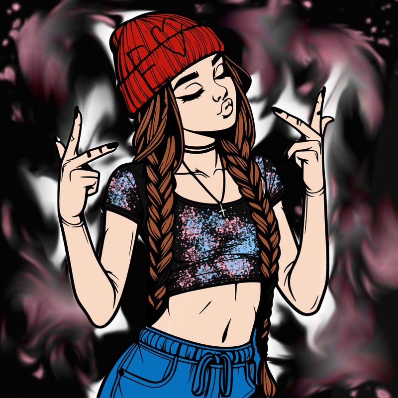 realistic teenage girl with braids and a beanie and crop top doing 🫶🏼