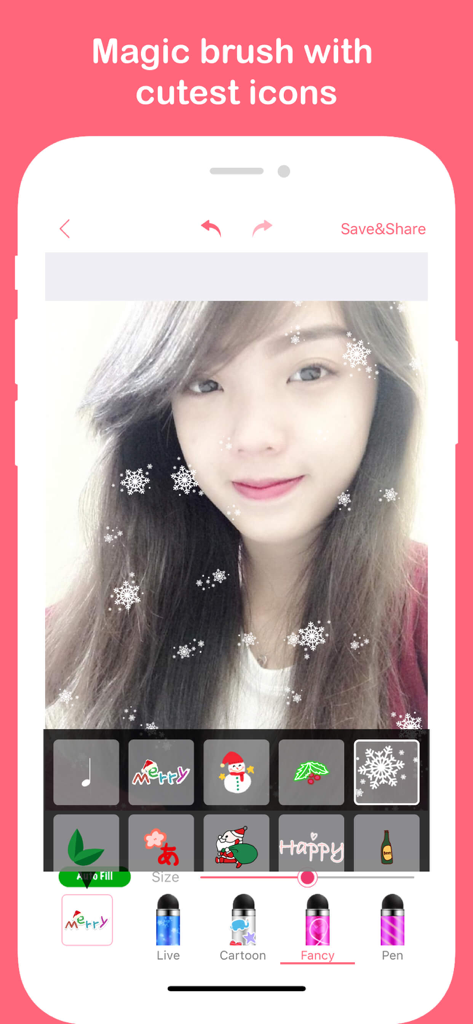 Camera Beauty 360 - Selfie Cam - A young woman using the Magic Brush feature in Camera Beauty 360 to add snowflake stickers to her selfie