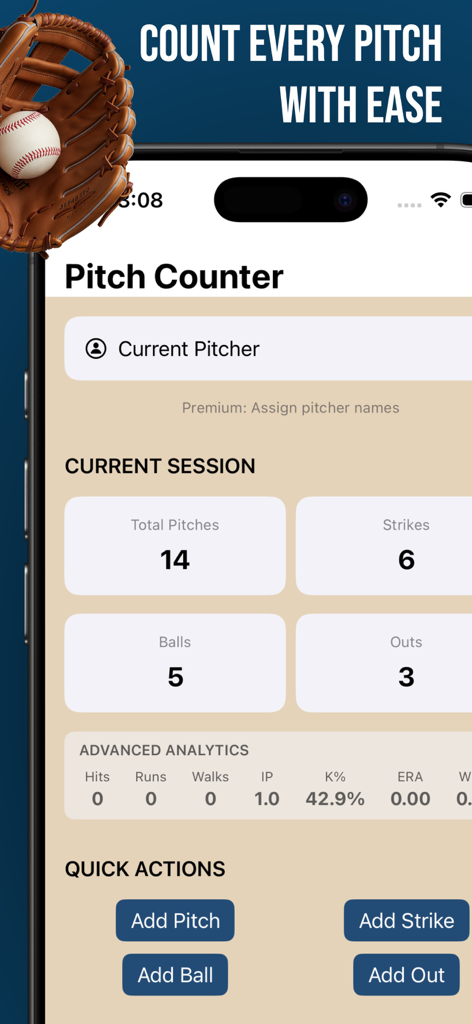 Bullpen app interface for tracking baseball pitch counts and player statistics