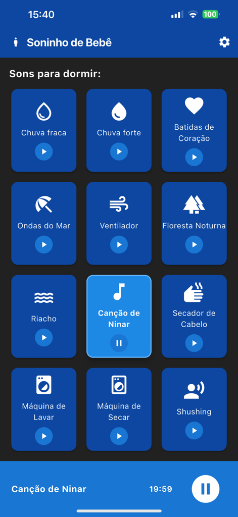 Soninho Bebê - Interface of the Soninho Bebe app featuring a grid of soothing sleep sounds for babies in night mode