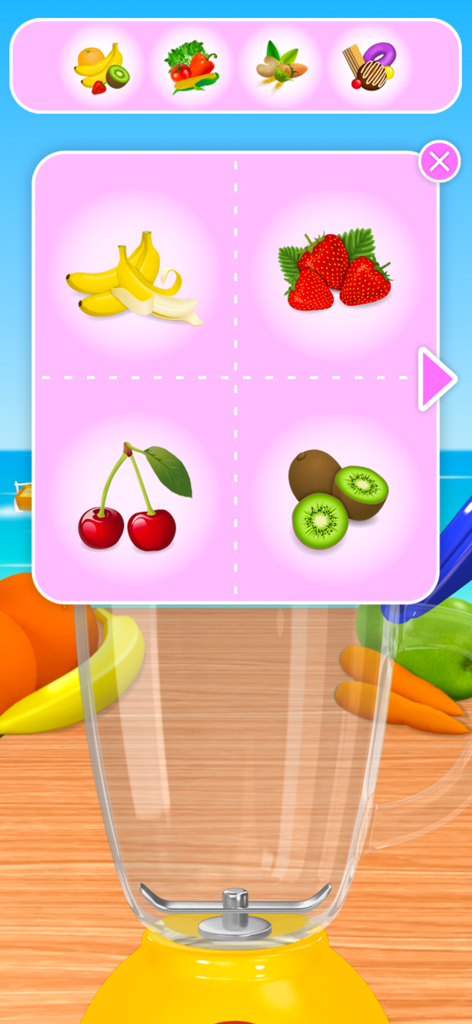 Smoothie Maker Deluxe - Ingredient selection screen showing various fruits and a blender in a kids cooking game