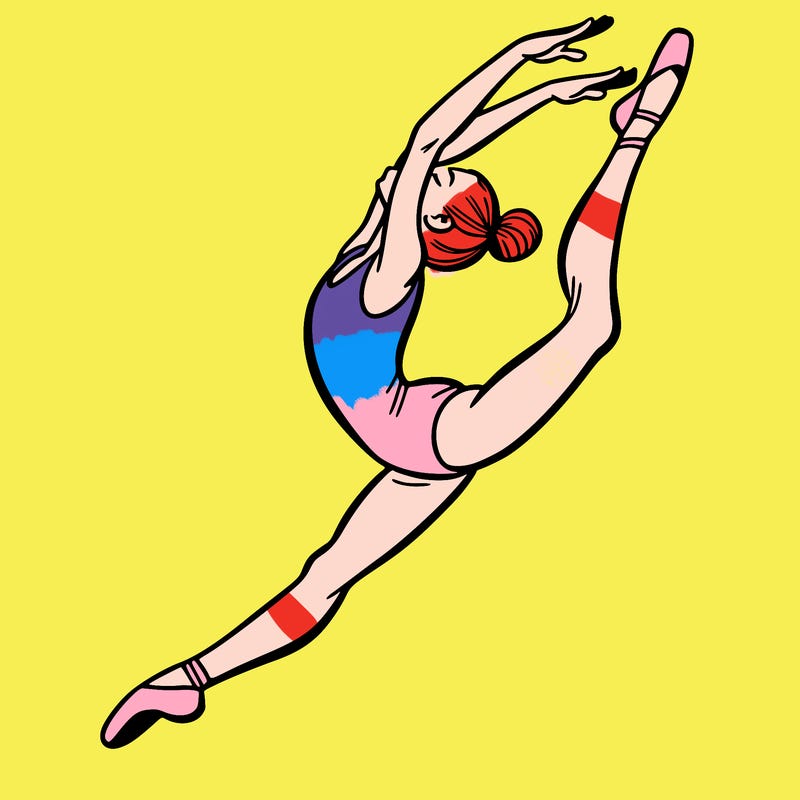 gymnast doing a leap in a leotard with a bent back leg