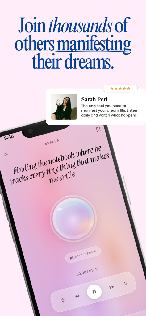 Smartphone showing the Stella manifestation app playing a personalized audio narrative next to a five star user review