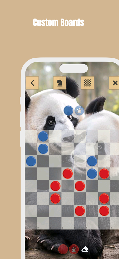 Checkers mobile app screen showing the custom board editor with a panda photo background and red and blue pieces