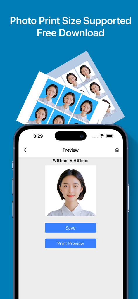 Passport Photo-ID Photo Snap - Pantalla de la aplicación móvil mostrando una vista previa de una foto de pasaporte de 51x51 mm con botones para guardar y ver el diseño de impresión.