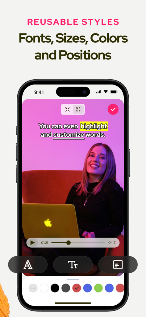 Subcap: Captions AI, Subtitles - Subcap app interface for customizing video caption fonts colors and styles