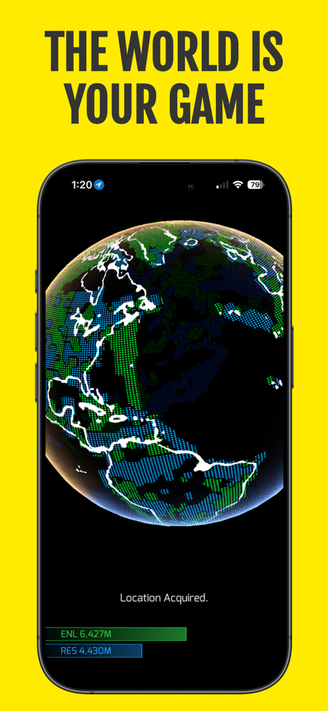 Ingress ARゲームで緑と青の陣営マーキングが表示されたデジタルグローブを映し出すスマートフォン画面。