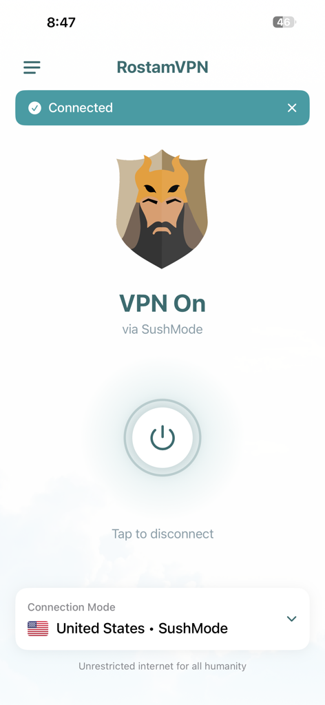 RostamVPN - Unlimited Fast VPN - RostamVPN app screen showing an active connection to a US server