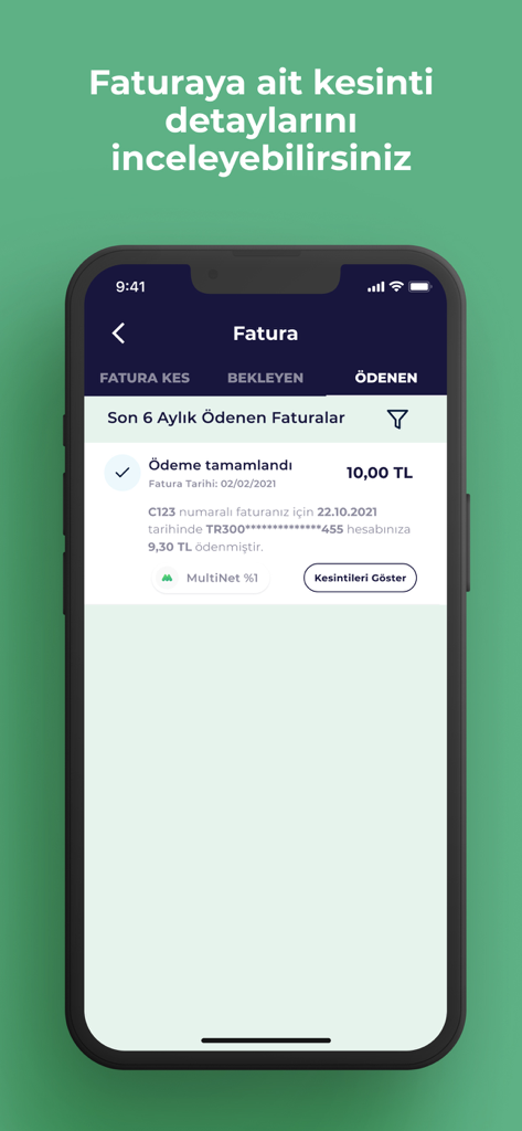 MultiPOS mobile app interface showing paid invoice status and transaction deduction details