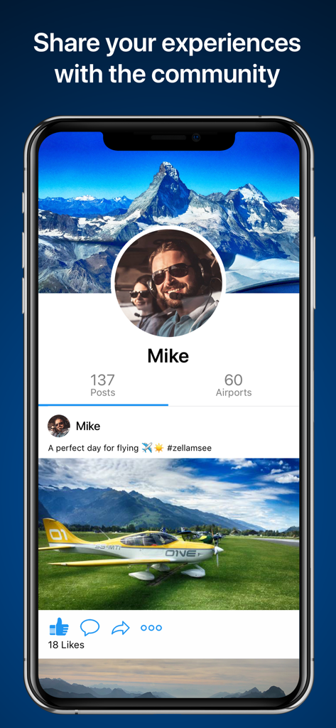 RunwayMap - #1 Pilot Community - User profile and social feed in the RunwayMap app showing a pilot post with a light aircraft at an airport.
