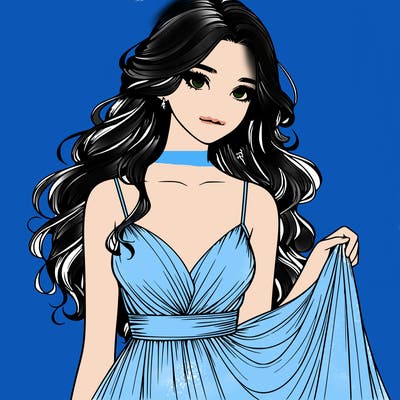realistic girl in flowy silky prom dress