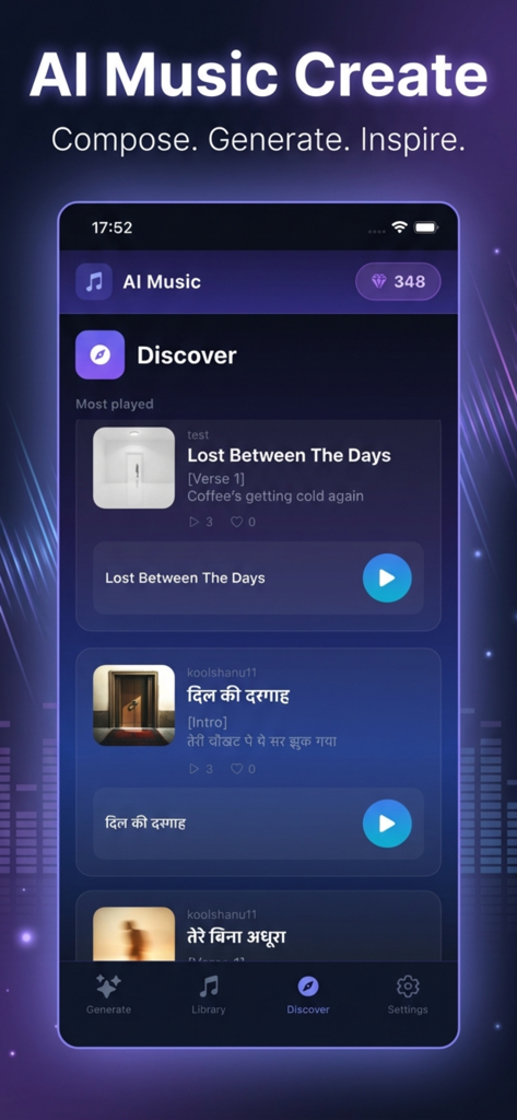 AI Music Create - Interfaz de la aplicación Creación de Música con IA que muestra la pantalla de descubrimiento con canciones populares y un botón de reproducción