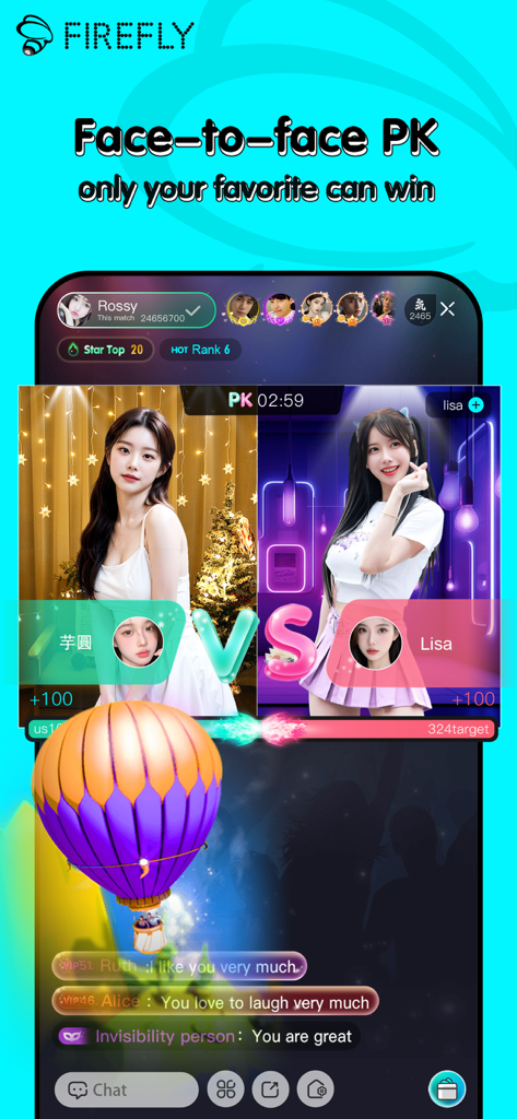 Split screen view of two female hosts competing in a face to face PK battle on the Firefly Live app with a large hot air balloon gift animation