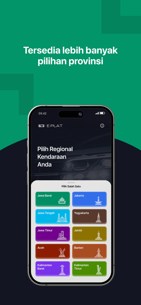 Schermata dell'app E Plat che mostra una selezione di province indonesiane per il controllo delle tasse del veicolo