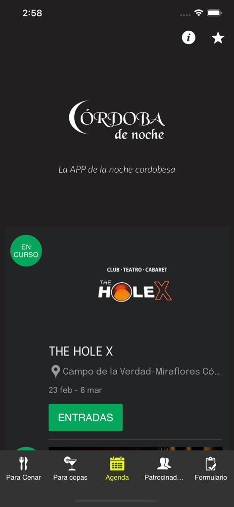 Córdoba de Noche - Cordoba de Noche mobile app event agenda interface showing nightlife activities and tickets button