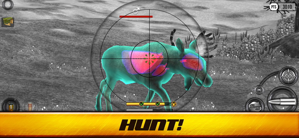 Un alce apuntado a través de una mira térmica que resalta los órganos vitales en Wild Hunt Hunter Simulator