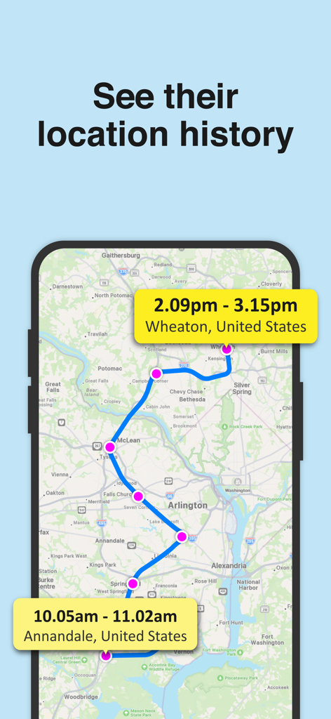Phone Tracker: Family Locator - 青いルートとタイムスタンプ付きのピンで家族の位置履歴を表示する地図