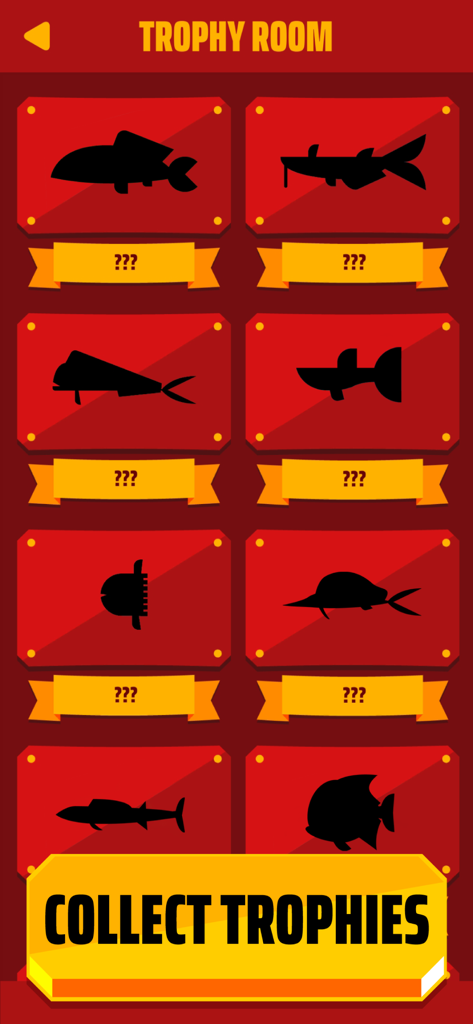 Écran de la salle des trophées dans l'application Go Fish montrant les silhouettes d'espèces de poissons verrouillées à collectionner