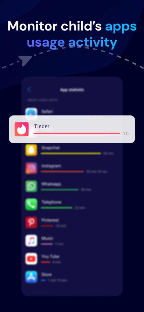 Pantalla de la aplicación Eyezy que muestra una lista de aplicaciones monitoreadas y su duración de uso en el teléfono de un niño