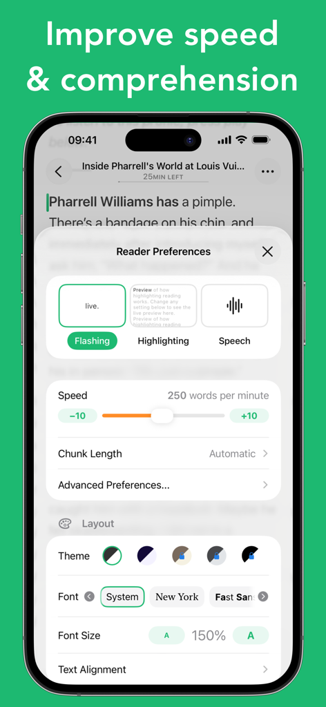 Outread: Speed Reading - The Outread app showing reader preferences for speed reading modes and layout customization