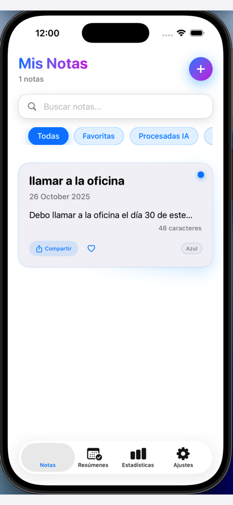 intelli note - Main screen of the intelli note app showing a note list with AI processing filters and a minimalist design.