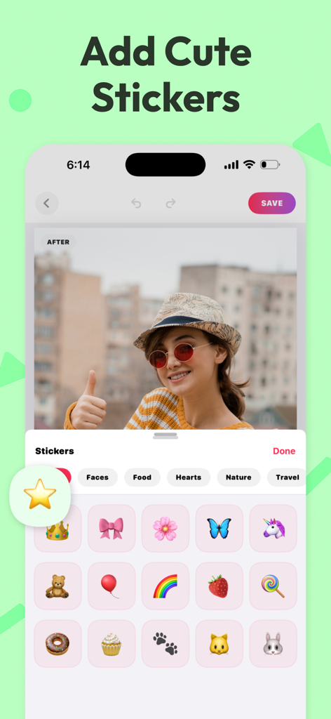 Sweet Selfie Camera - Editor - Screenshot of Sweet Selfie Camera app featuring a variety of cute stickers for photo editing.