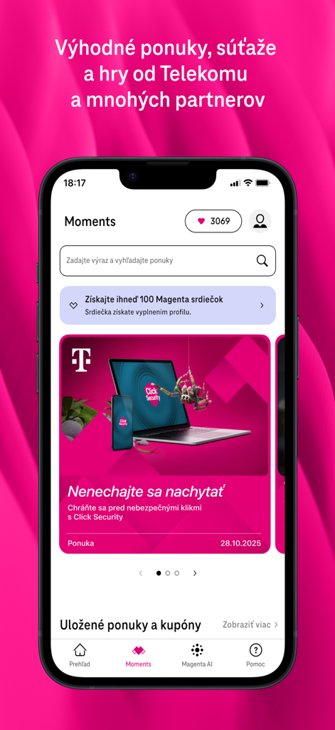 Telekom - Pantalla de Magenta Moments de la aplicación Telekom que muestra puntos de lealtad y ofertas especiales.