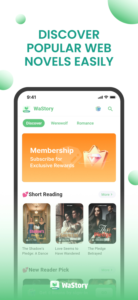 WaStory - WaStory Mobile App-Oberfläche zur Entdeckung beliebter Web-Romane in den Genres Romantik und Werwolf