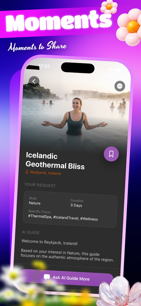 Flixi Share & Moments - Interface de l'application Flixi montrant un itinéraire de voyage personnalisé pour un spa géothermique à Reykjavik en Islande avec une fonction de guide touristique IA
