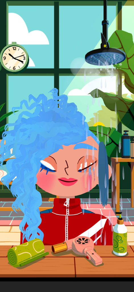 Character with blue hair at the shampoo station in Toca Boca Hair Salon 4