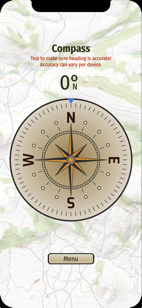 Treasure Hunt Helper - In-app compass screen showing a north heading over a detailed topographic map for land navigation and treasure hunting