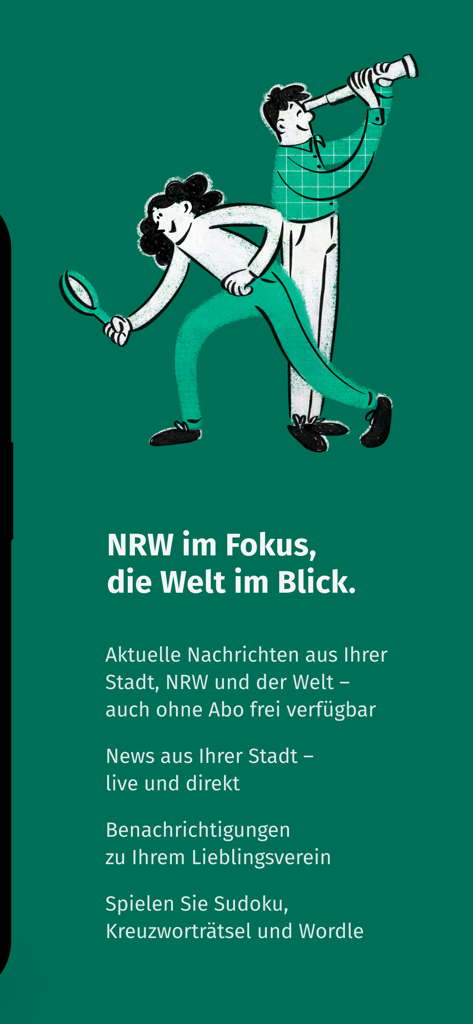 Introductory screen of the IKZ News app with an illustration of people using a magnifying glass and telescope