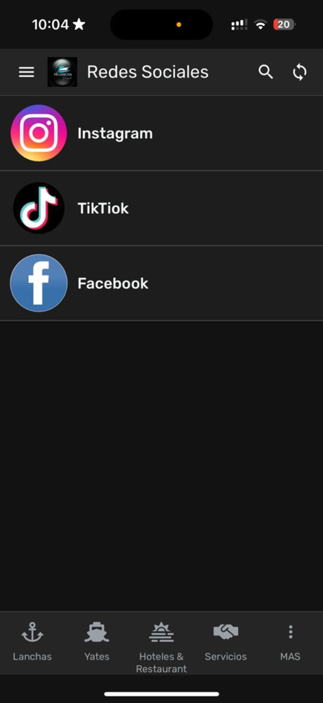 MIlanchaV - Screen of MIlanchaV app showing links to Instagram TikTok and Facebook social media profiles