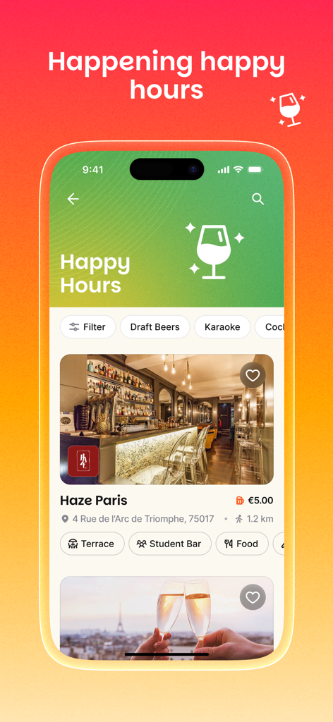 Seeker app interface showing happy hour deals for a bar in Paris