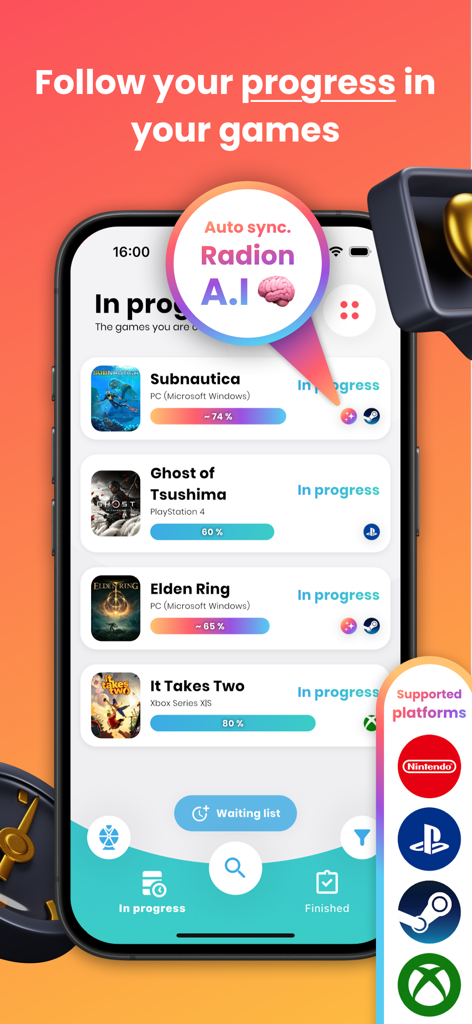 Radion - Video Games - Interface de l'application mobile montrant le suivi de progression pour des jeux comme Subnautica et Elden Ring sur plusieurs plateformes