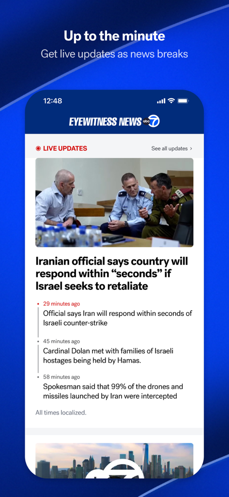 ABC 7 New York - ABC 7 New York app interface displaying live breaking news updates.