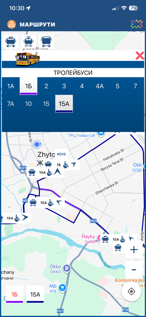 DozoR City - Interface of the DozoR City app showing real-time trolleybus positions and routes on a city map